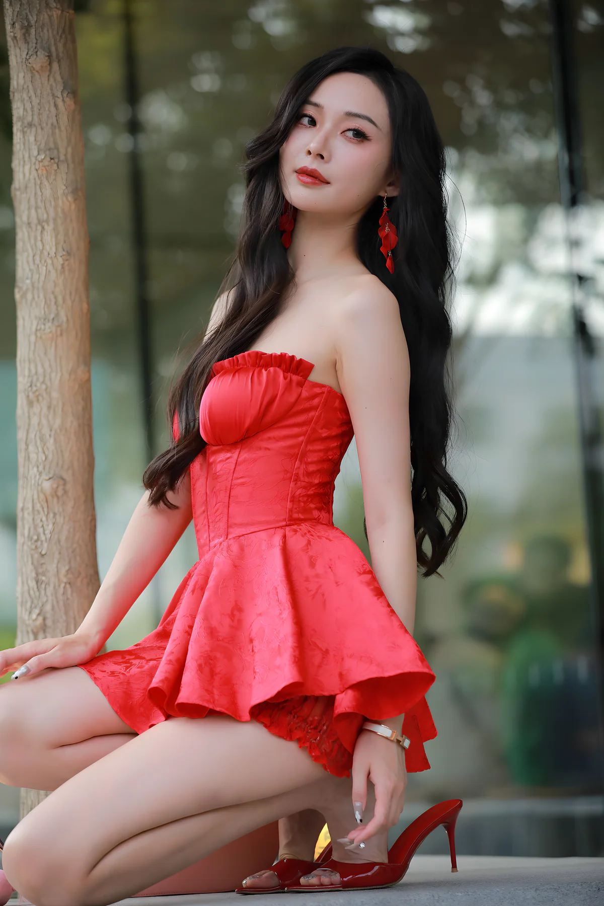 红裙长腿高跟美女J9674